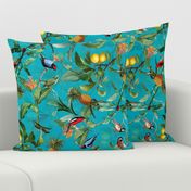 18" Vintage Tropical Birds Hummingbirds, Fruits And Pineapple Paradise -shiny azure turquoise  double layer