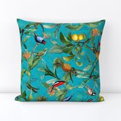 18" Vintage Tropical Birds Hummingbirds, Fruits And Pineapple Paradise -shiny azure turquoise  double layer