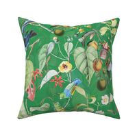 Exotic Summer Rainforest Jungle Beauty:   A Vintage Mysterious Botanical Pattern Featuring leaves blossoms and colorful Tropical birds and fruits on shiny green  double layer