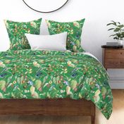 Exotic Summer Rainforest Jungle Beauty:   A Vintage Mysterious Botanical Pattern Featuring leaves blossoms and colorful Tropical birds and fruits on shiny green  double layer