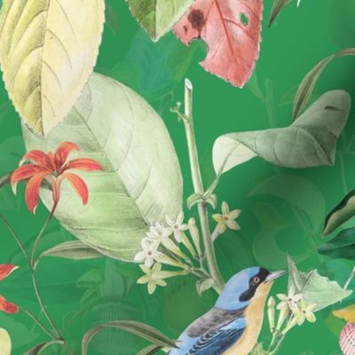 Exotic Summer Rainforest Jungle Beauty:   A Vintage Mysterious Botanical Pattern Featuring leaves blossoms and colorful Tropical birds and fruits on shiny green  double layer