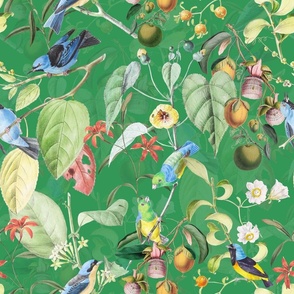 Exotic Summer Rainforest Jungle Beauty:   A Vintage Mysterious Botanical Pattern Featuring leaves blossoms and colorful Tropical birds and fruits on shiny green  double layer