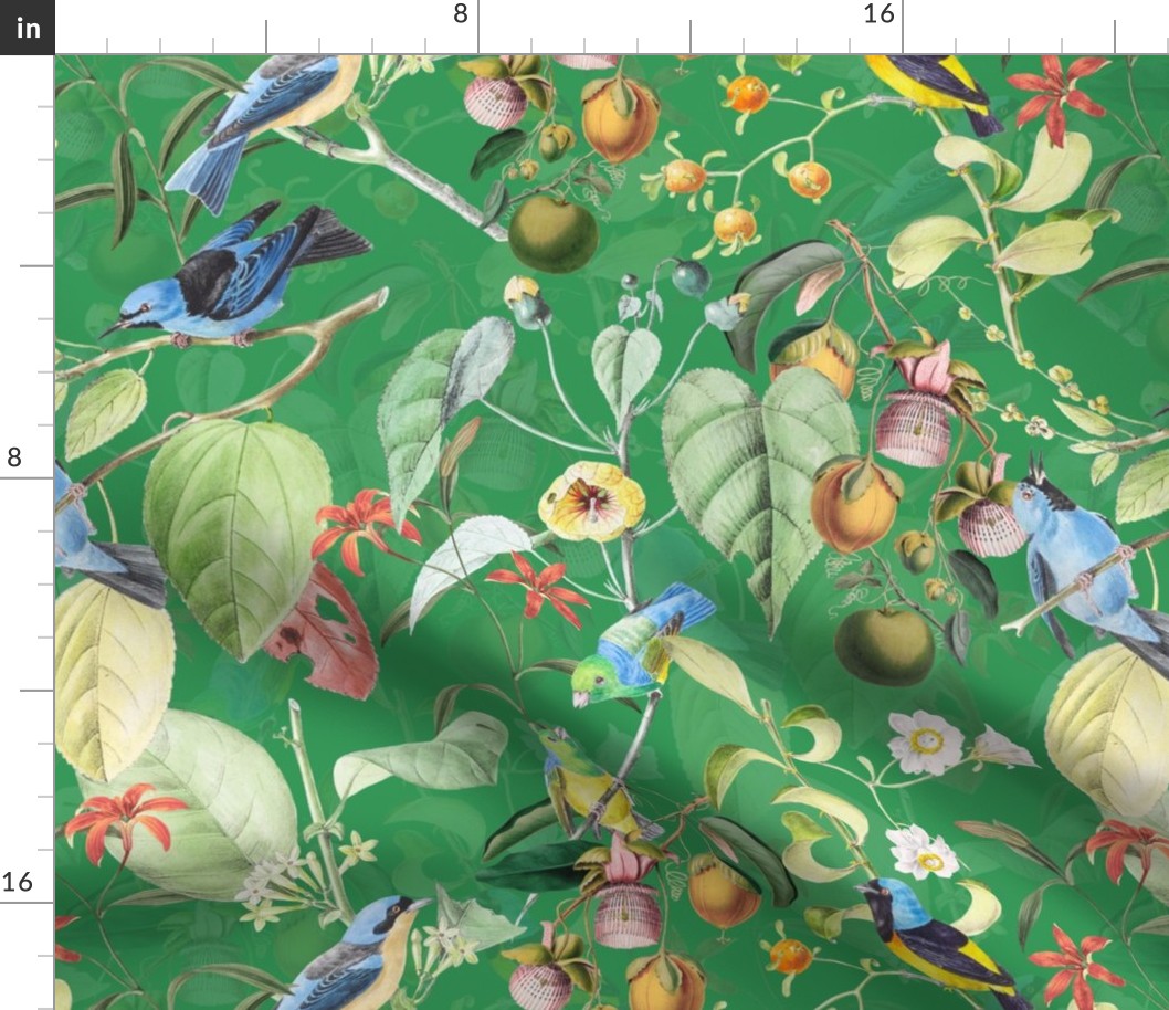 Exotic Summer Rainforest Jungle Beauty:   A Vintage Mysterious Botanical Pattern Featuring leaves blossoms and colorful Tropical birds and fruits on shiny green  double layer