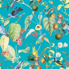 Exotic Summer Rainforest Jungle Beauty:   A Vintage Mysterious Botanical Pattern Featuring leaves blossoms and colorful Tropical birds and fruits on shiny azure blue 