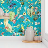 Exotic Summer Rainforest Jungle Beauty:   A Vintage Mysterious Botanical Pattern Featuring leaves blossoms and colorful Tropical birds and fruits on shiny azure blue double layer