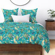 Exotic Summer Rainforest Jungle Beauty:   A Vintage Mysterious Botanical Pattern Featuring leaves blossoms and colorful Tropical birds and fruits on shiny azure blue double layer