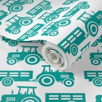 Large Scale Farm Tractors and Wagons Turquoise Blue on White