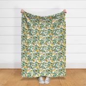 Exotic Summer Rainforest Jungle Beauty:   A Vintage Mysterious Botanical Pattern Featuring leaves, yellow blossoms and colorful Tropical birds and fruits on white