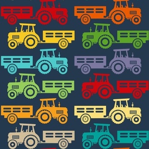 Large Scale Colorful Farm Tractors and Wagons on Navy