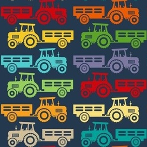 Medium Scale Colorful Farm Tractors and Wagons on Navy