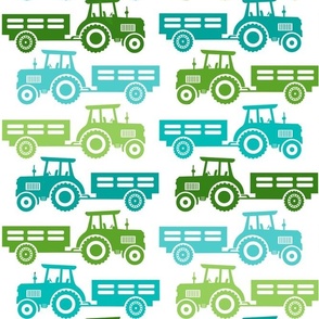 Large Scale Blue and Green Farm Tractors and Wagons on White