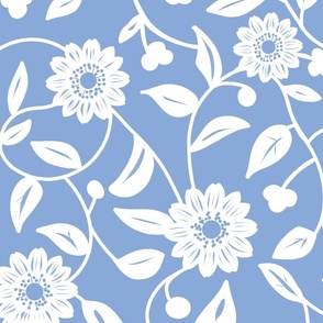 white flowers in a cornflower blue background - large scale