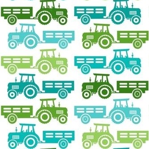 Medium Scale Blue and Green Farm Tractors and Wagons on White