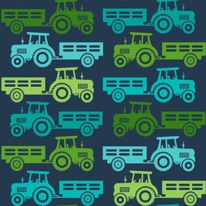 Large Scale Blue and Green Farm Tractors and Wagons on Navy