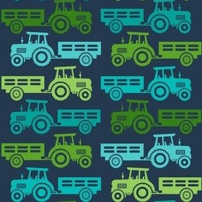 Medium Scale Blue and Green Farm Tractors and Wagons on Navy