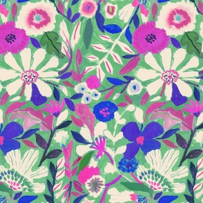 medium abstract painterly flowers green pink blue - hand painted