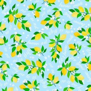 Tropical Fruits - 100% human made - Lemons and flowers on blue - medium scale