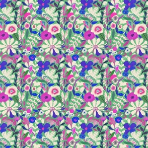 mini micro abstract painterly flowers green pink blue - hand painted