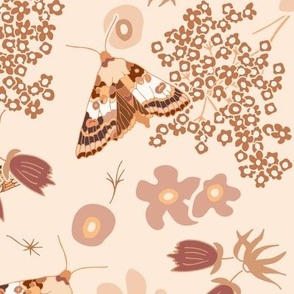 hand-drawn light brown orange marsala butterflies flowers in summer meadow on beige