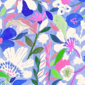 Jumbo abstract painterly flowers blue and pink greens - hand painted