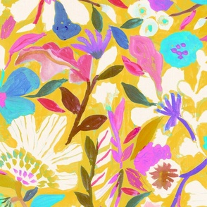 Jumbo abstract painterly flowers - hand painted  yellow and pink blue