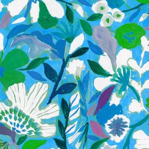 Jumbo abstract painterly flowers - hand painted blue and aqua green monotone