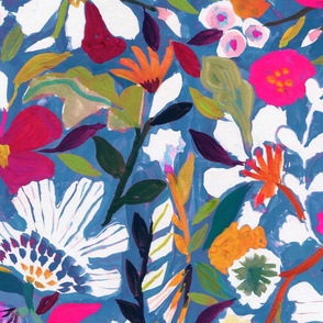 Jumbo abstract painterly flowers  - hand painted bright blue and pink greens