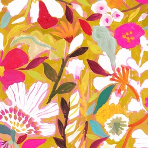 Jumbo abstract painterly flowers - hand painted bright yellow and pink greens