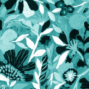 Jumbo abstract painterly flowers - hand painted turquoise blue  monotones