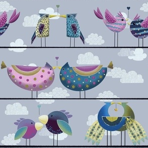 Whimsy Love Birds // Pink, Blue, Green, Yellow on Gray