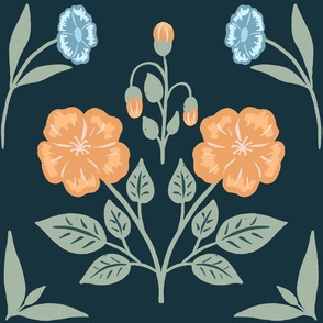 Vintage Florals Orange Palargonium On Dark Blue | Medium