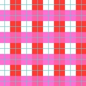 Red and Hot Pink Bold Check with Turquoise Blue // 1.5" x 1.5"