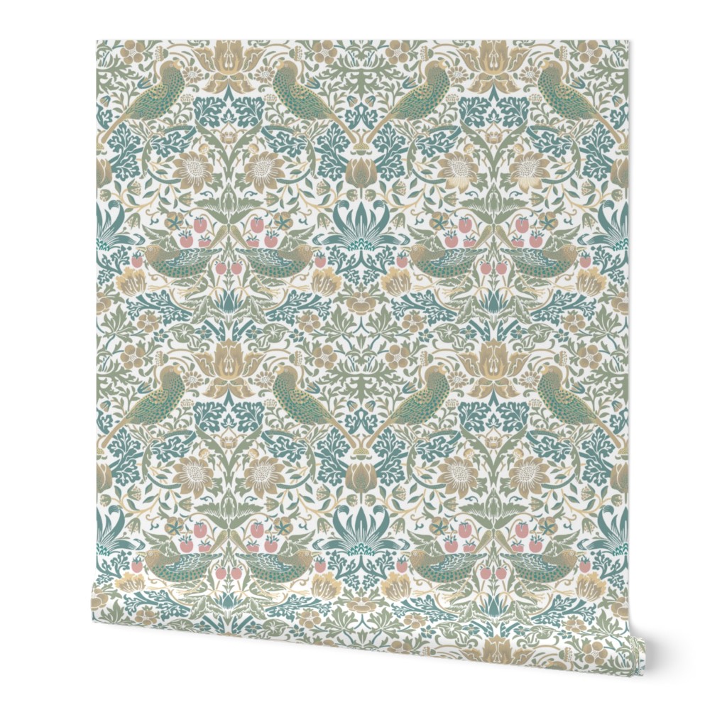 Strawberry Thief by William Morris - LARGE - soft sage teal beige  Adapation Antiqued art nouveau deco,