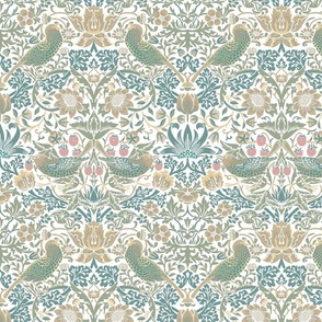 Strawberry Thief by William Morris - LARGE - soft sage teal beige  Adapation Antiqued art nouveau deco,