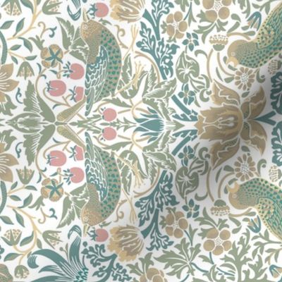 Strawberry Thief by William Morris - LARGE Turned left - soft sage teal beige  Adapation Antiqued art nouveau deco,