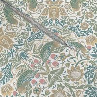 Strawberry Thief by William Morris - LARGE Turned left - soft sage teal beige  Adapation Antiqued art nouveau deco,