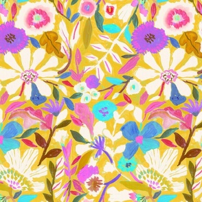 medium abstract painterly flowers - hand painted  yellow and pink blue