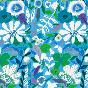 medium abstract painterly flowers - hand painted blue and aqua green monotone