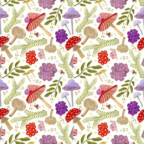 Woodland Mushrooms & Snails, Leaves  & Flowers/Whimsical/Gold Green, Red & Purple