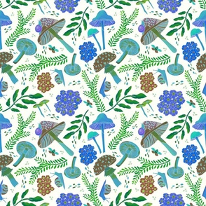 Woodland Mushrooms & Snails, Leaves  & Flowers/Retro/Blue Turquoise & Kelly Green