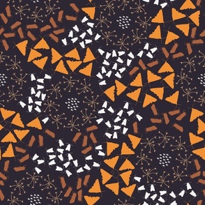 white, orange, brown butterflies and moths swirling on dark taupe