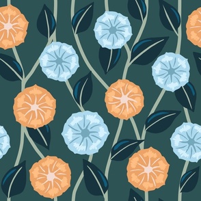 Vintage Florals Blue And Orange Bindweeds And Veins On Dark Green | Medium