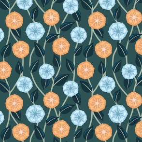 Vintage Florals Blue And Orange Bindweeds And Veins On Dark Green | Small