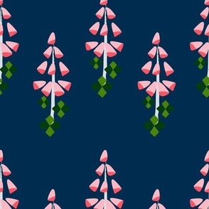 L Abstract Botanical - Horizontal Chevron Pattern and Floral - Red Pink Foxglove with Diamond Leaves on Navy Blue