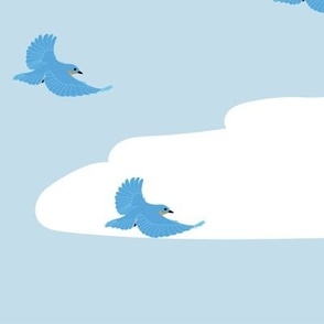 Bluebirds Flying Through Clouds on Light Blue Background 24” 