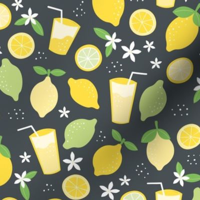 Summer squeeze lemonade - lemons and limes fruit garden drinks and flowers green yellow on charcoal