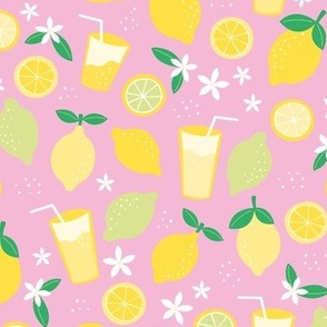 Summer squeeze lemonade - lemons and limes fruit garden drinks and flowers yellow green on pink