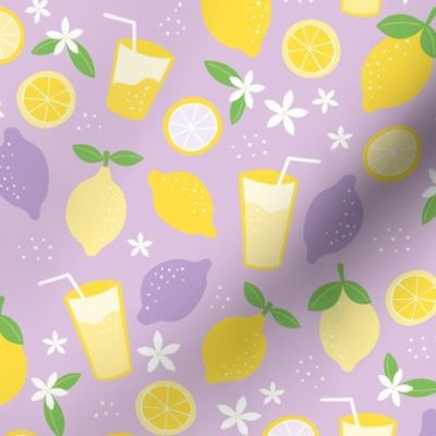 Summer squeeze lemonade - lemons and limes fruit garden drinks and flowers green yellow on lilac purple