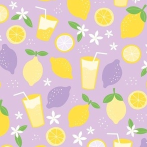 Summer squeeze lemonade - lemons and limes fruit garden drinks and flowers green yellow on lilac purple