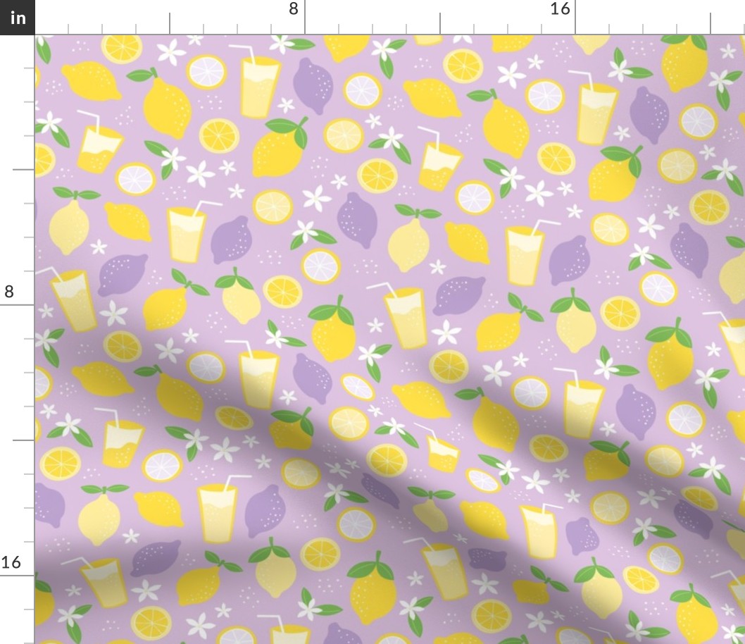 Summer squeeze lemonade - lemons and limes fruit garden drinks and flowers green yellow on lilac purple